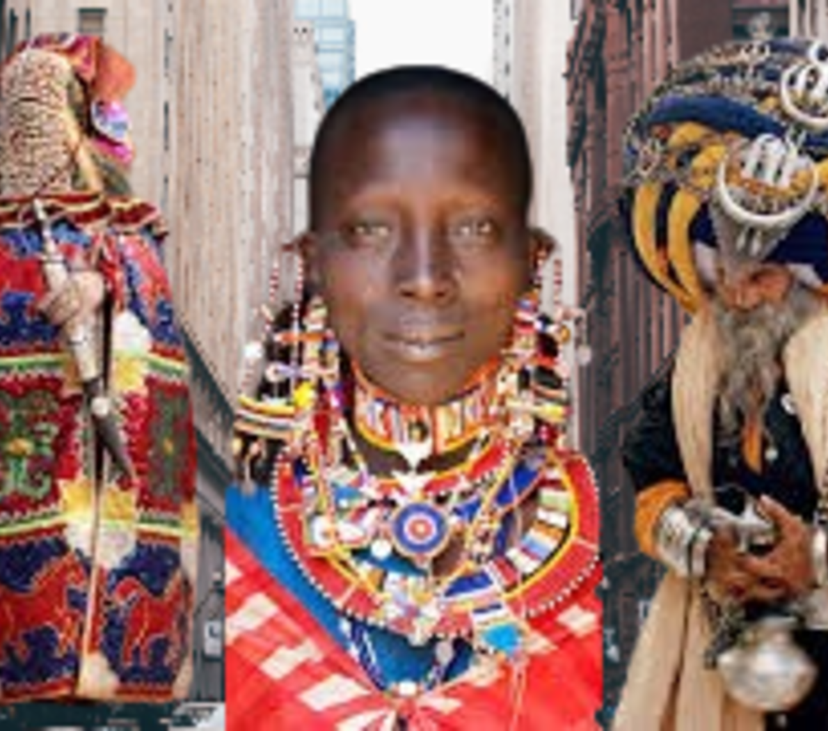 Three people in traditional attire against blurred city streets: a figure in an embroidered cloak, a person with a beaded Maasai-style necklace, and an old man with an ornate turban.